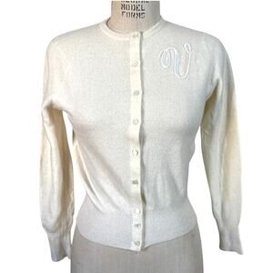 Vintage 50s Dalton Pure Cashmere Cream Cardigan Sweater Beaded V Size Small